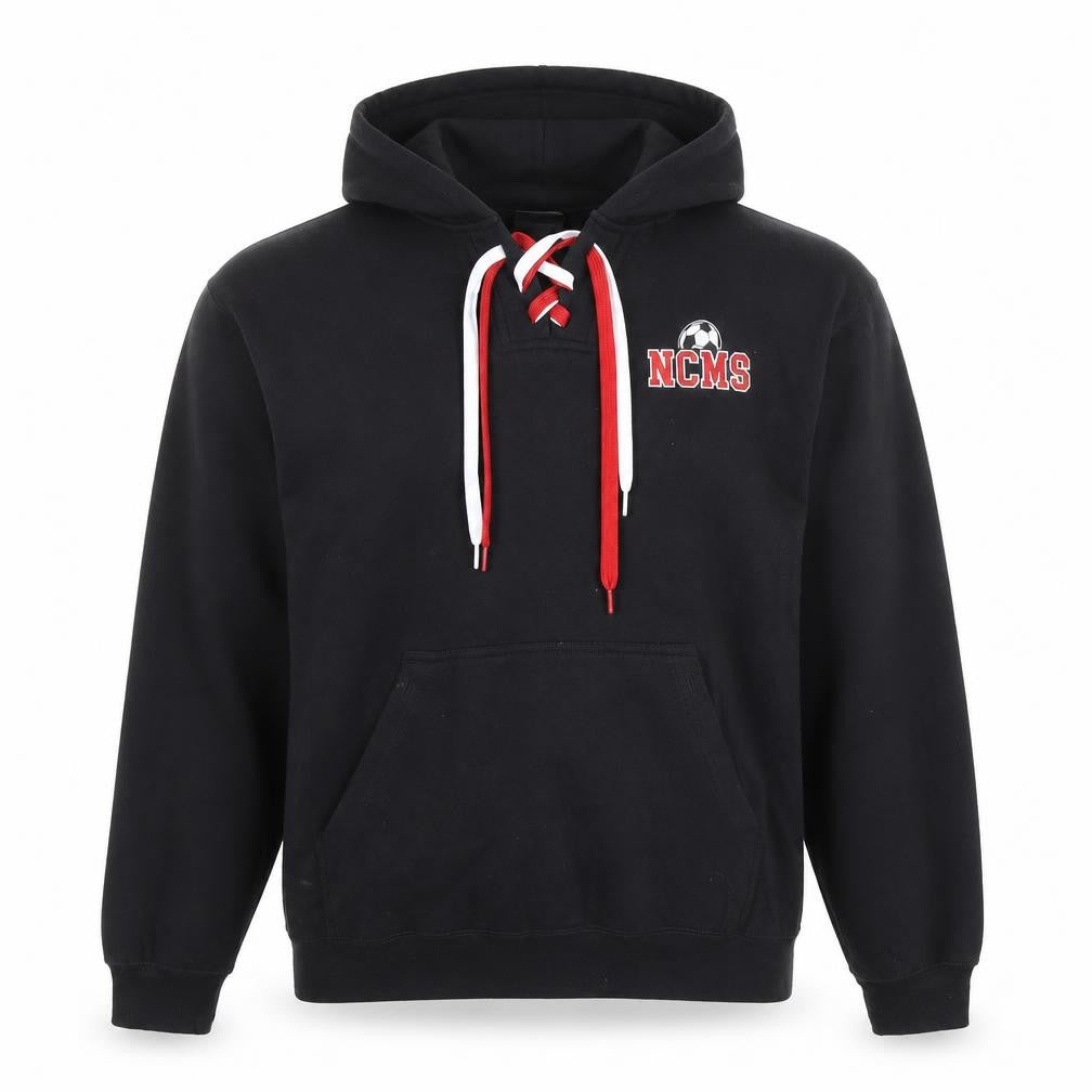 Front view of Pennant Men's Black M Pullover Hoodie with Red Lace Detail