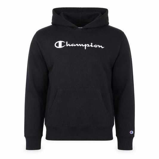 Front view of Champion Men's Black Medium Pullover Hoodie with Logo Front