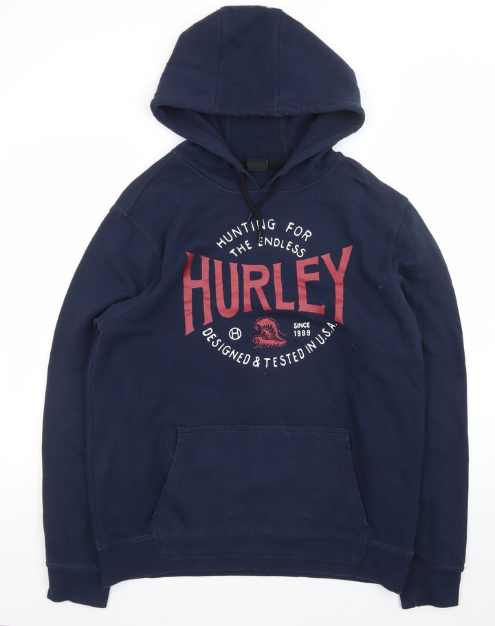 Hurley Men's Blue Pullover Hoodie L Graphic Print Logo Sweatshirt