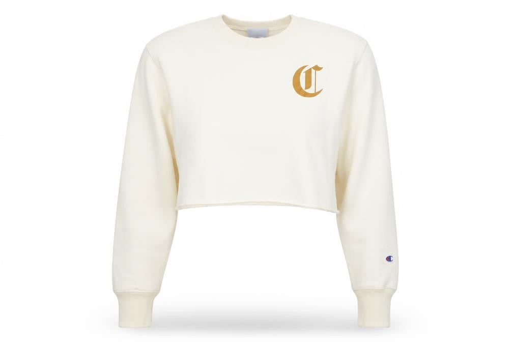 Front view of Champion women’s ivory crop sweatshirt medium reverse weave logo