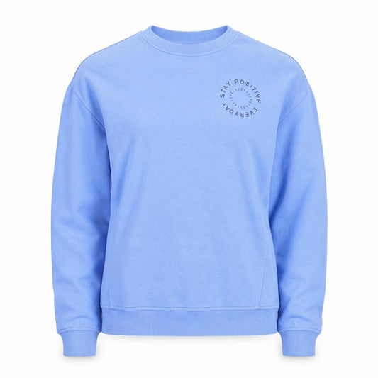 Front view of John Lewis Teens Blue Cotton Pullover Sweatshirt, size 12, Stay Positive