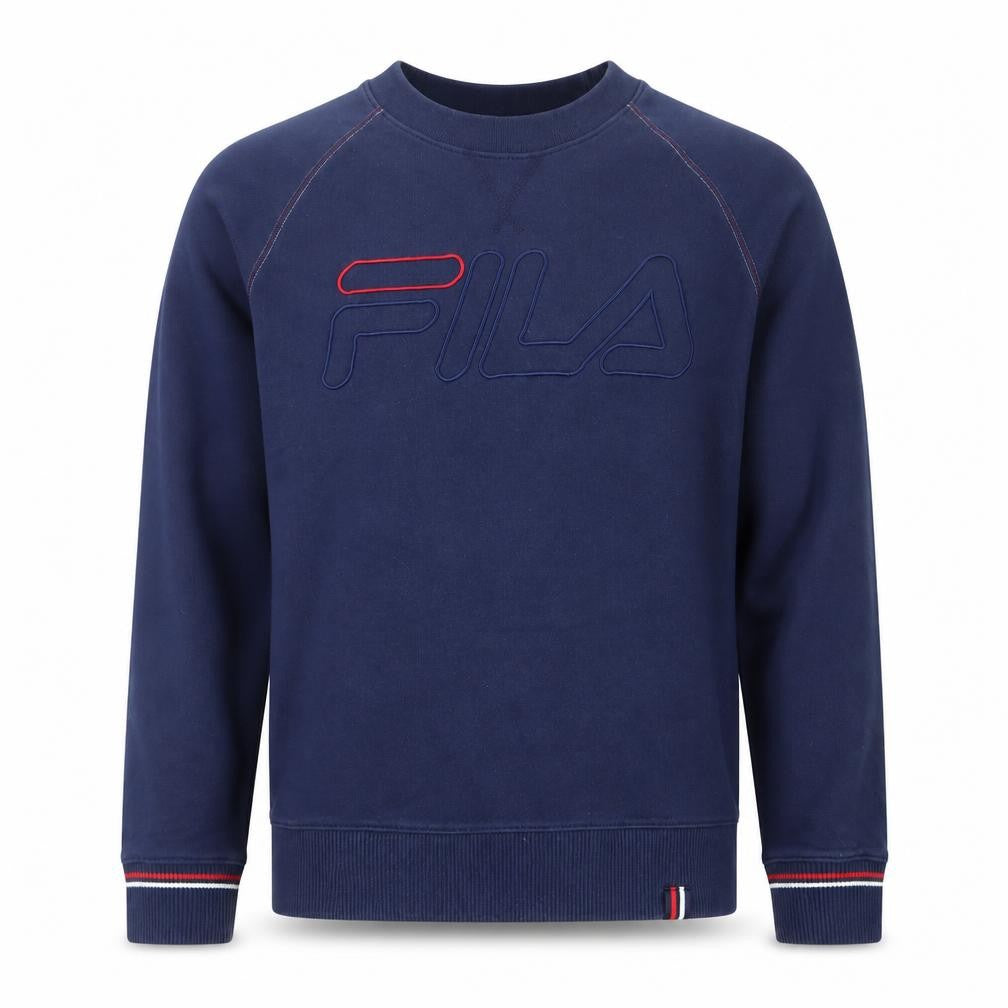 Front view of Fila Men's Navy Blue Crew Neck Sweatshirt, size S, Cotton Blend