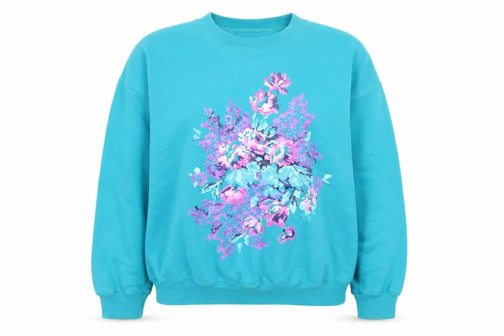Front view of Lady Footlocker Women's Blue Floral Pullover Sweatshirt, size S