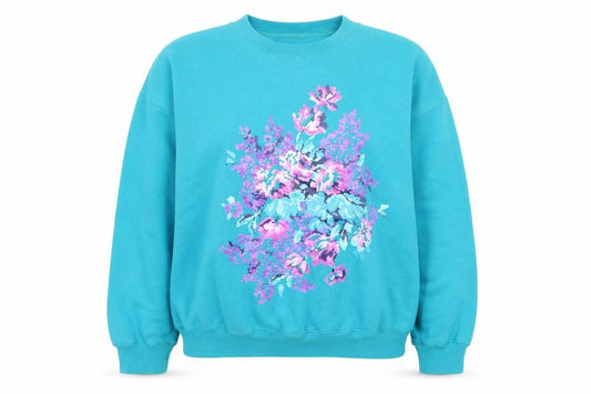 Front view of Lady Footlocker Women's Blue Floral Pullover Sweatshirt, size S