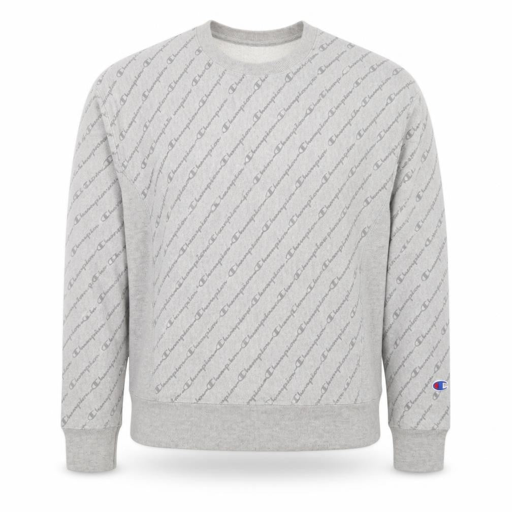 Front view of Champion Men's Grey Reverse Weave Logo Crew Neck Sweatshirt Small