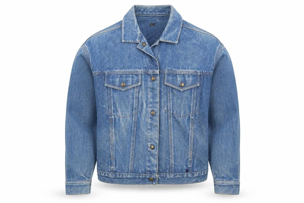 Front view of Calvin men’s blue denim button jacket l classic 42in vintage style