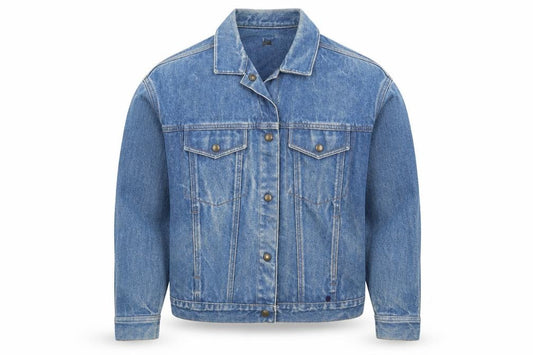 Front view of Calvin men’s blue denim button jacket l classic 42in vintage style