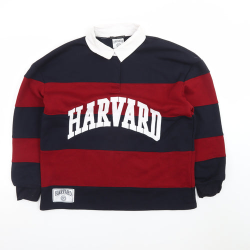 Zara Men Red & Navy Harvard Rugby Sweatshirt S Collared Striped Logo