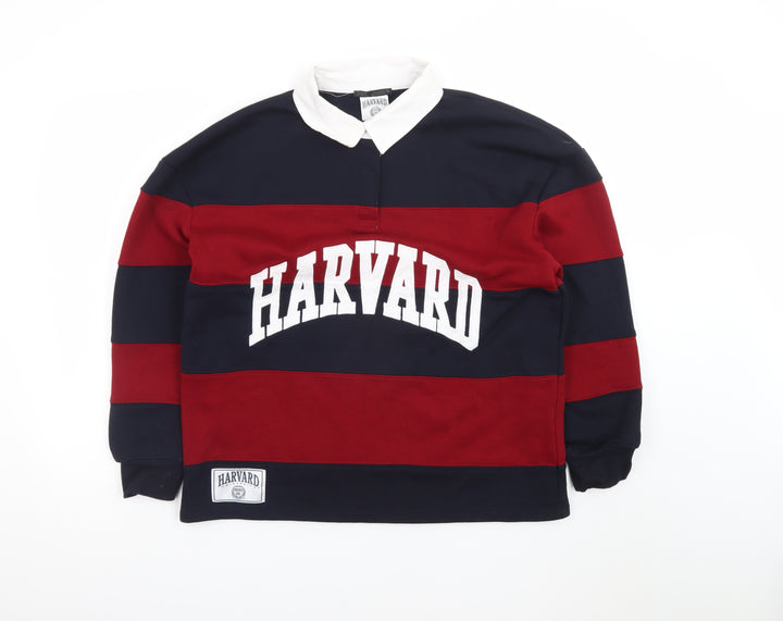 Zara Men Red & Navy Harvard Rugby Sweatshirt S Collared Striped Logo