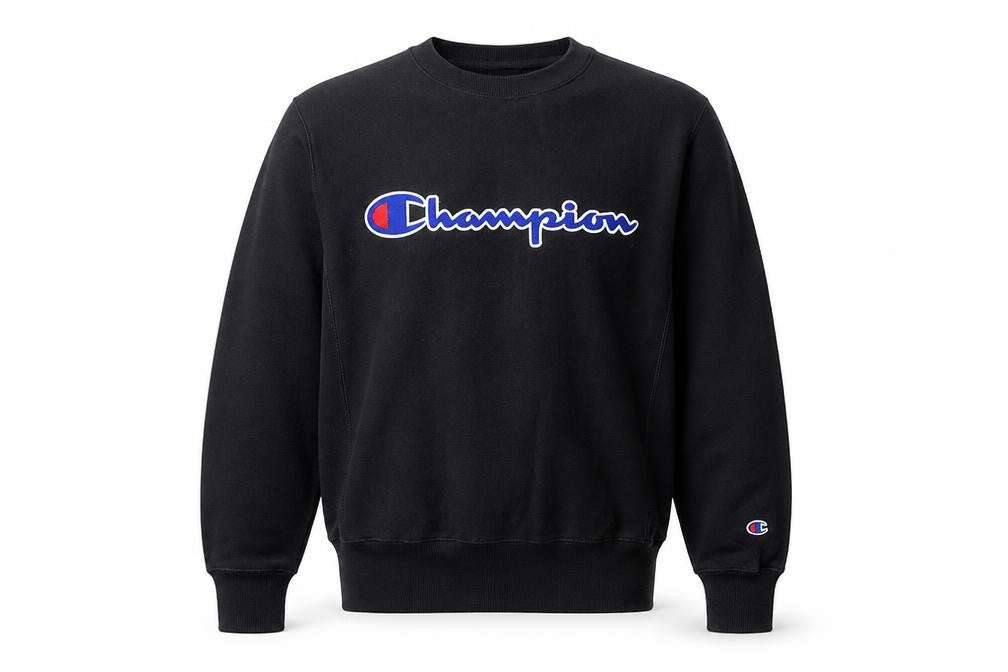 Front view of Champion Men's Black Small Reverse Weave Logo Sweatshirt