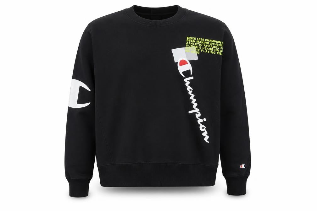 Front view of Champion Men's Black Medium Crew Neck Graphic Sweatshirt