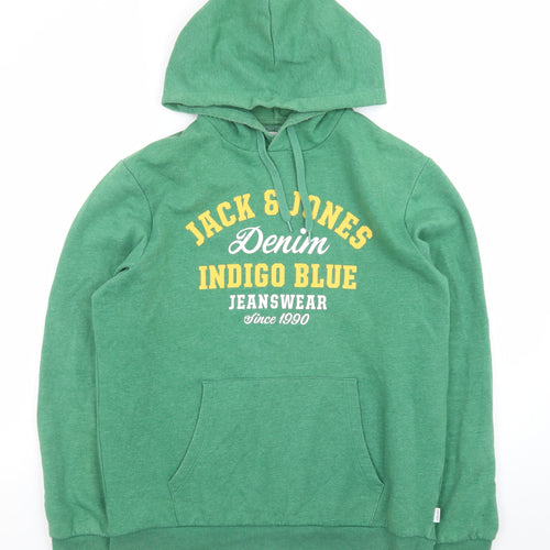 Jack & Jones Men Green L Pullover Hoodie Graphic Print Fleece