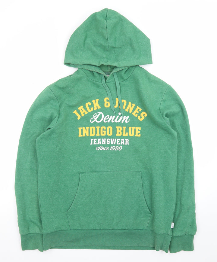 Jack & Jones Men Green L Pullover Hoodie Graphic Print Fleece