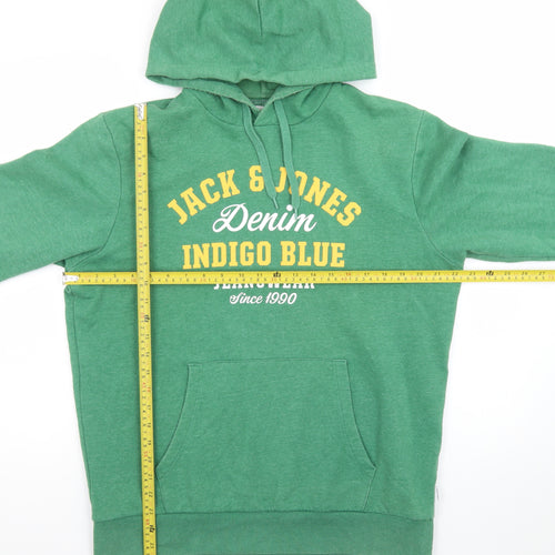 Jack & Jones Men Green L Pullover Hoodie Graphic Print Fleece
