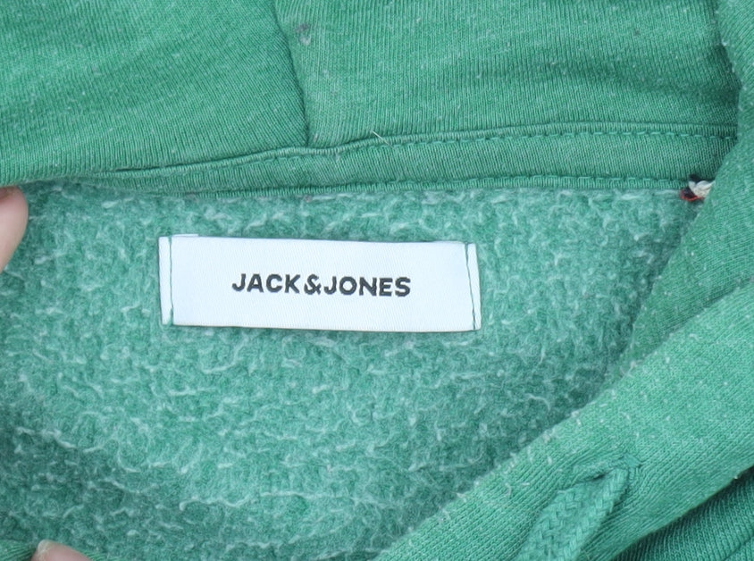Jack & Jones Men Green L Pullover Hoodie Graphic Print Fleece