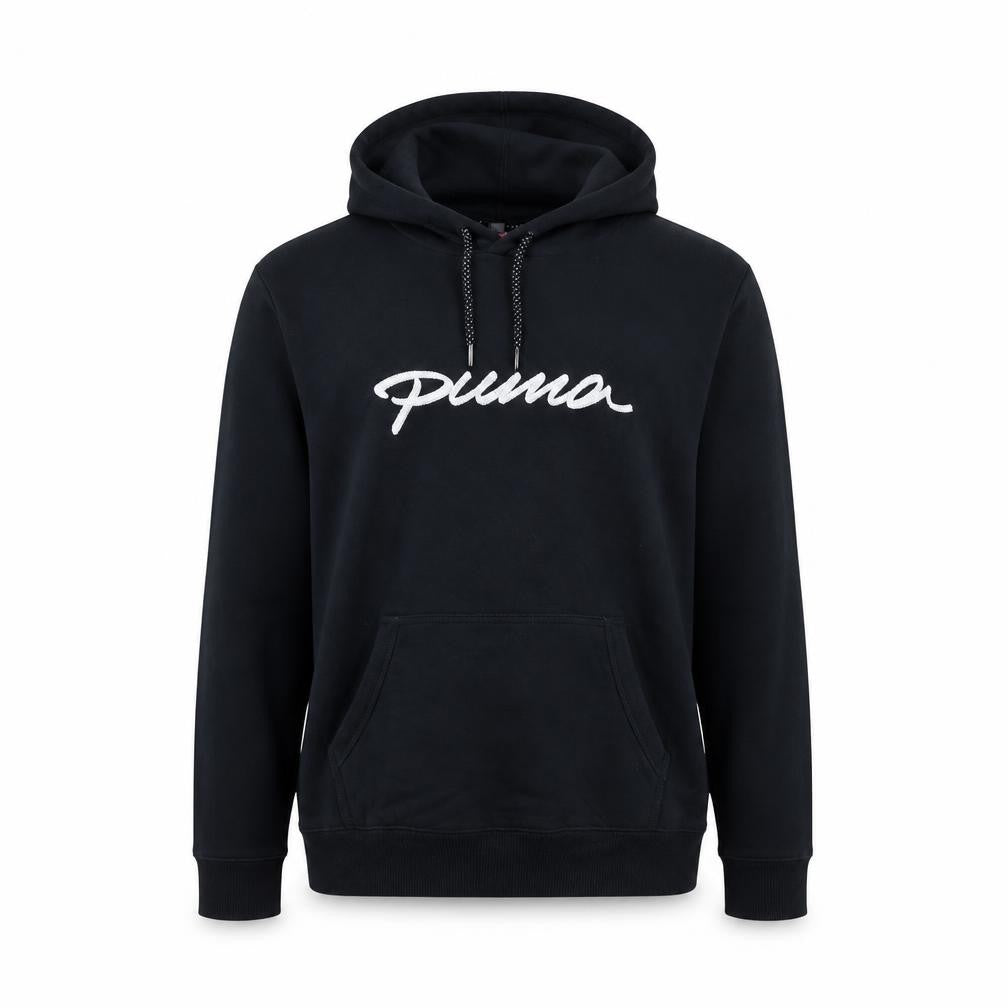 Front view of Puma Men's Black Pullover Hoodie L Logo Sportswear Sweatshirt