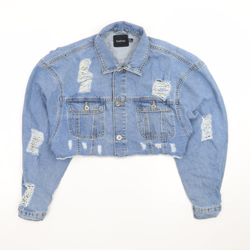 Boohoo Women's Blue Cropped Distressed Denim Jacket UK 10