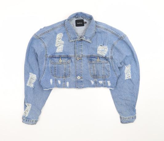 Boohoo Women's Blue Cropped Distressed Denim Jacket UK 10