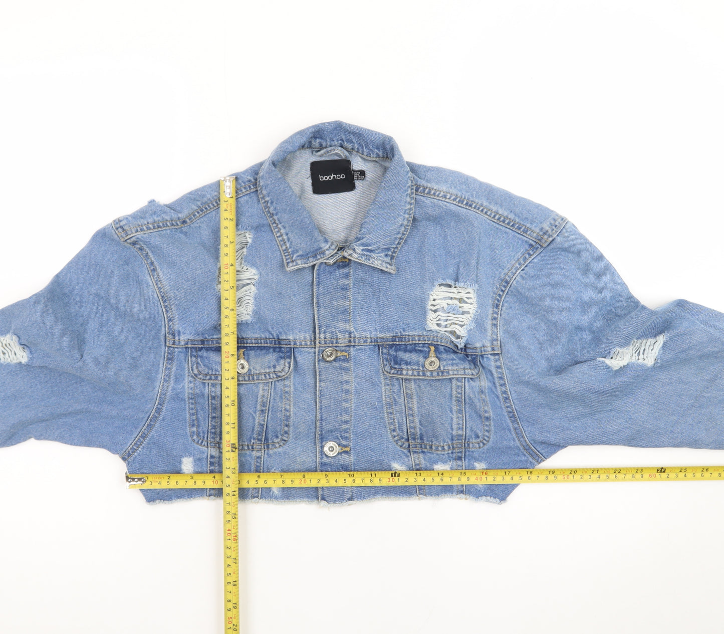 Boohoo Women's Blue Cropped Distressed Denim Jacket UK 10