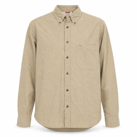 Front view of Izod Men’s Beige Corduroy Long Sleeve Button-Up Shirt, size S
