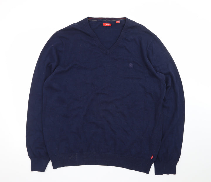 IZOD Men Blue Cotton V-Neck Pullover Jumper XL Classic Knit