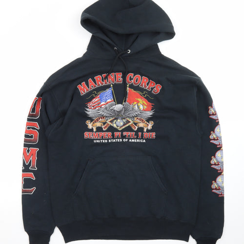 Jerzees Men's Black Marine Corps Pullover Hoodie L Graphic Print