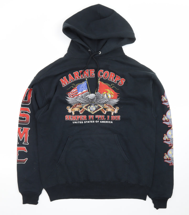 Jerzees Men's Black Marine Corps Pullover Hoodie L Graphic Print