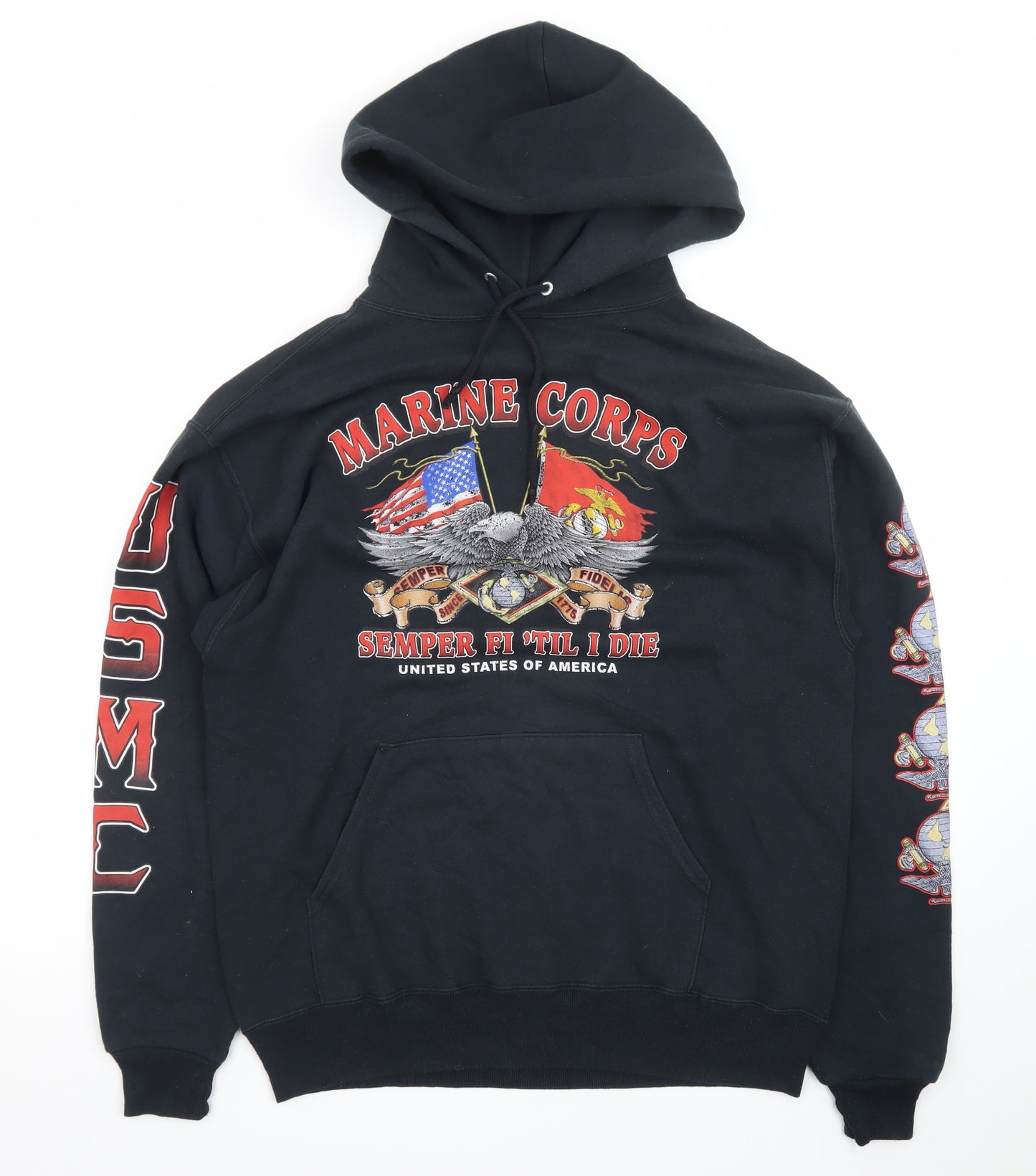 Jerzees Men's Black Marine Corps Pullover Hoodie L Graphic Print