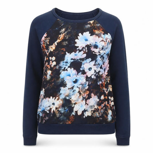 Front view of Warehouse women’s blue floral print long sleeve jumper, size UK 10