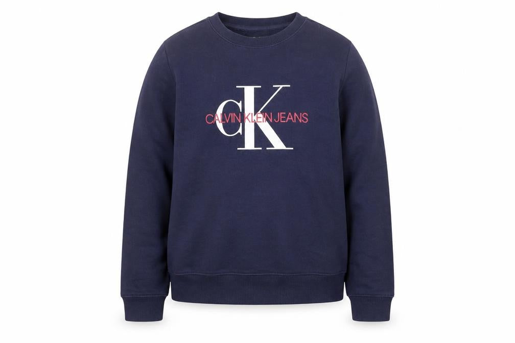 Front view of Calvin Klein Jeans boys’ blue logo pullover sweatshirt, size 12, years