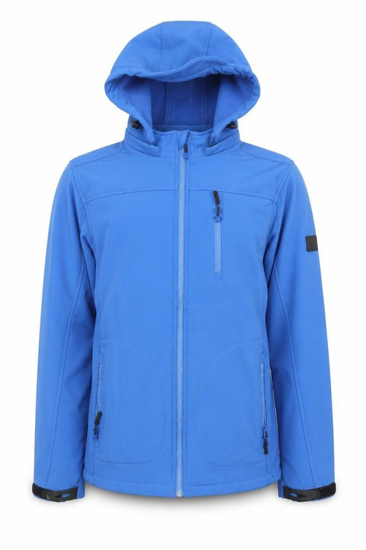 Front view of INDIGO JEANS CODE Men's Blue Softshell Hooded Jacket, size S