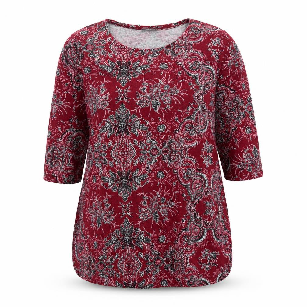 Front view of Klass women’s red paisley tunic jersey top xl
