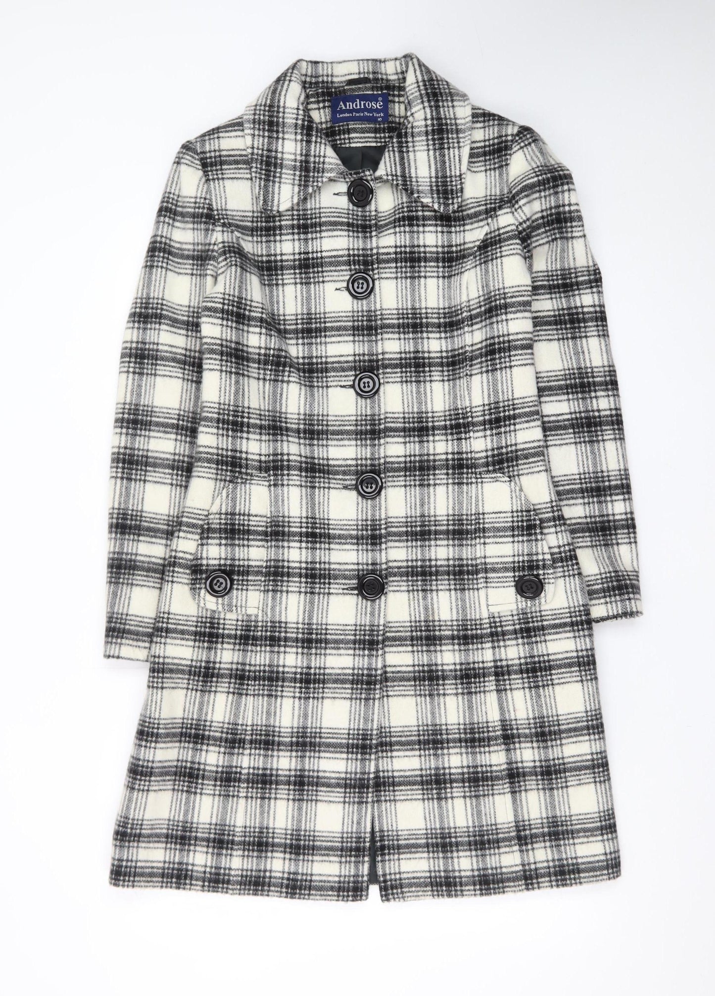 Androse Women's Black Check Wool Blend Mid-Length Overcoat Size 10