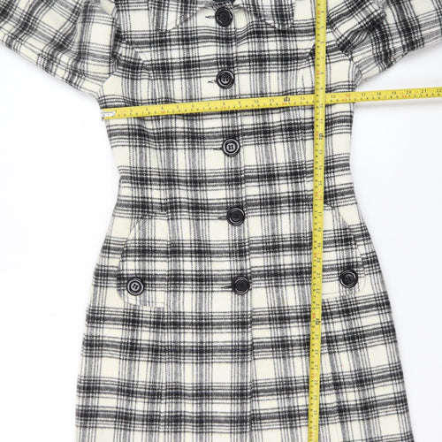 Androse Women's Black Check Wool Blend Mid-Length Overcoat Size 10