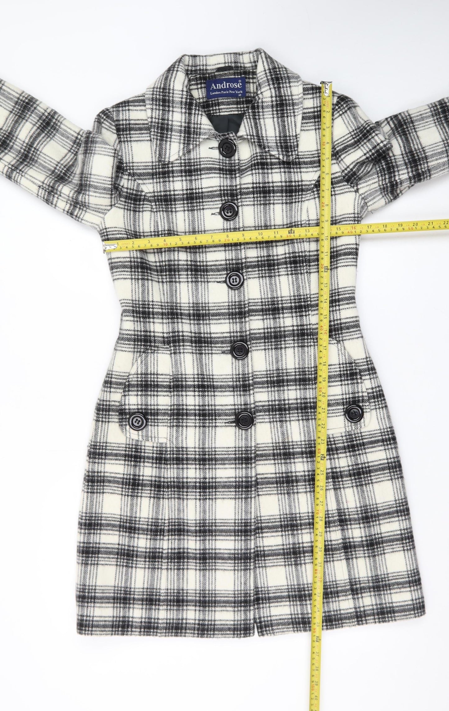 Androse Women's Black Check Wool Blend Mid-Length Overcoat Size 10