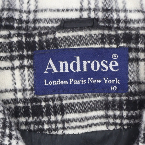 Androse Women's Black Check Wool Blend Mid-Length Overcoat Size 10
