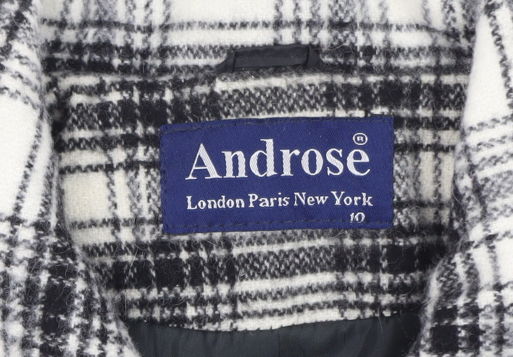 Androse Women's Black Check Wool Blend Mid-Length Overcoat Size 10