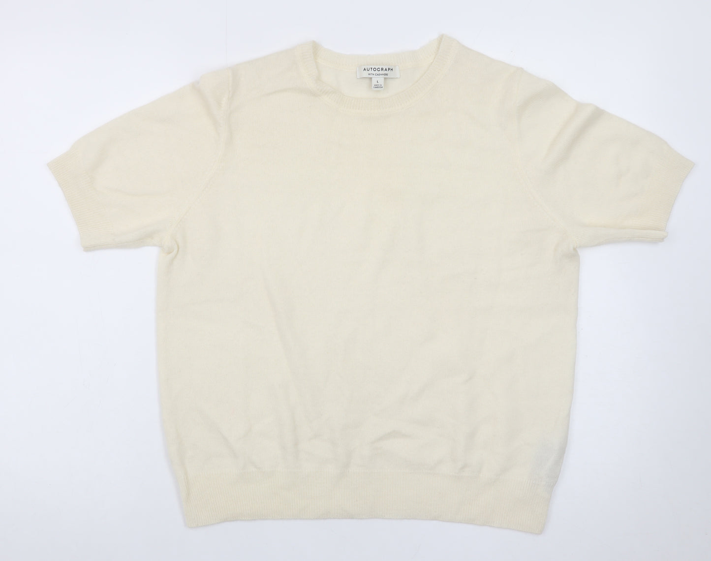 Marks and Spencer Men's Ivory Merino Wool Cashmere Short Sleeve Jumper L