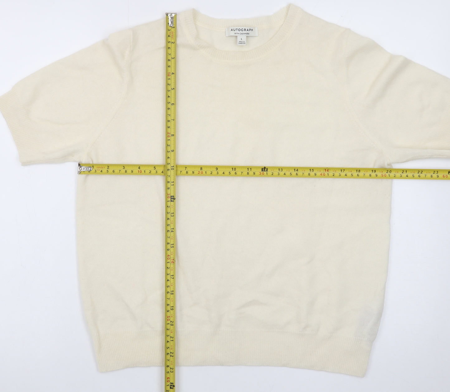 Marks and Spencer Men's Ivory Merino Wool Cashmere Short Sleeve Jumper L