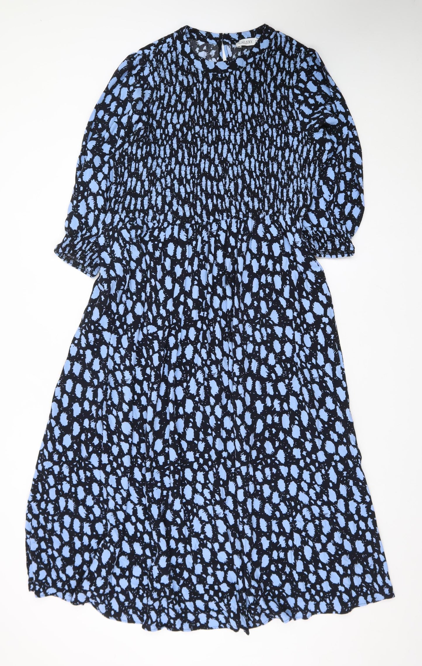 Gallery Women's Blue Abstract Midi Smocked Fit & Flare Dress UK18