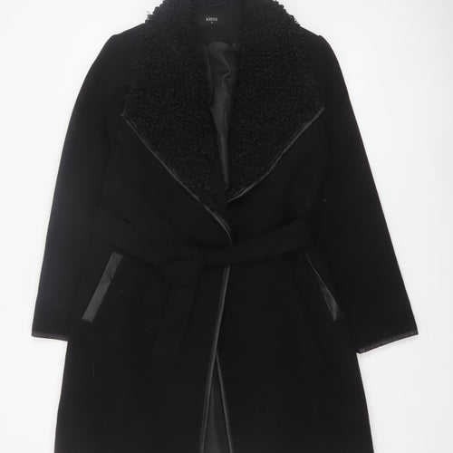 Klass Womens Black Long Belted Faux Fur Collar Overcoat Size 12