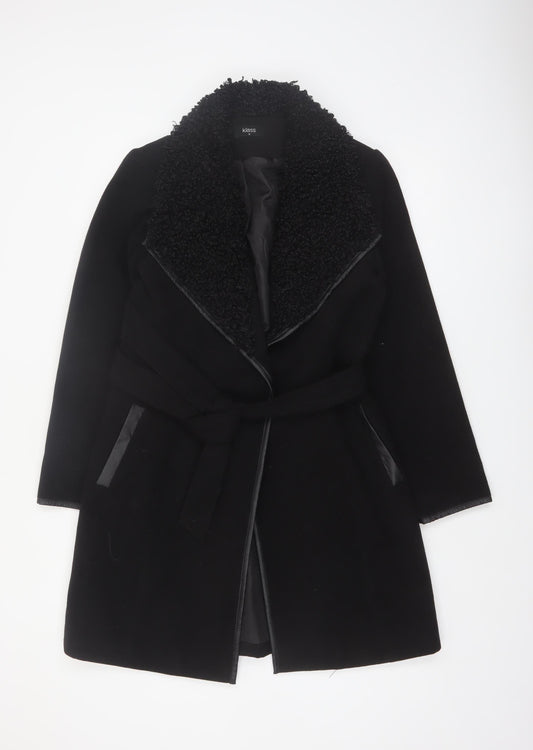 Klass Womens Black Long Belted Faux Fur Collar Overcoat Size 12
