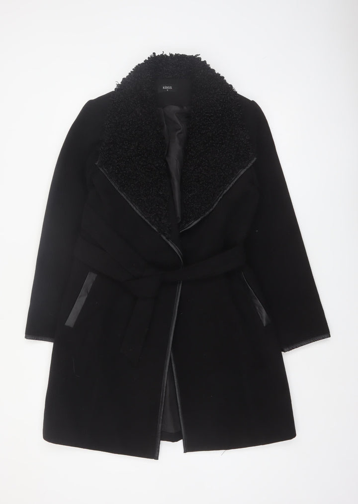 Klass Womens Black Long Belted Faux Fur Collar Overcoat Size 12