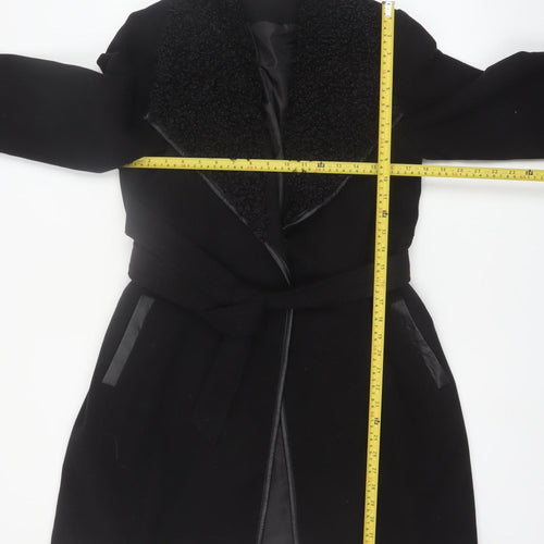 Klass Womens Black Long Belted Faux Fur Collar Overcoat Size 12