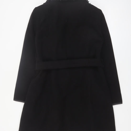 Klass Womens Black Long Belted Faux Fur Collar Overcoat Size 12