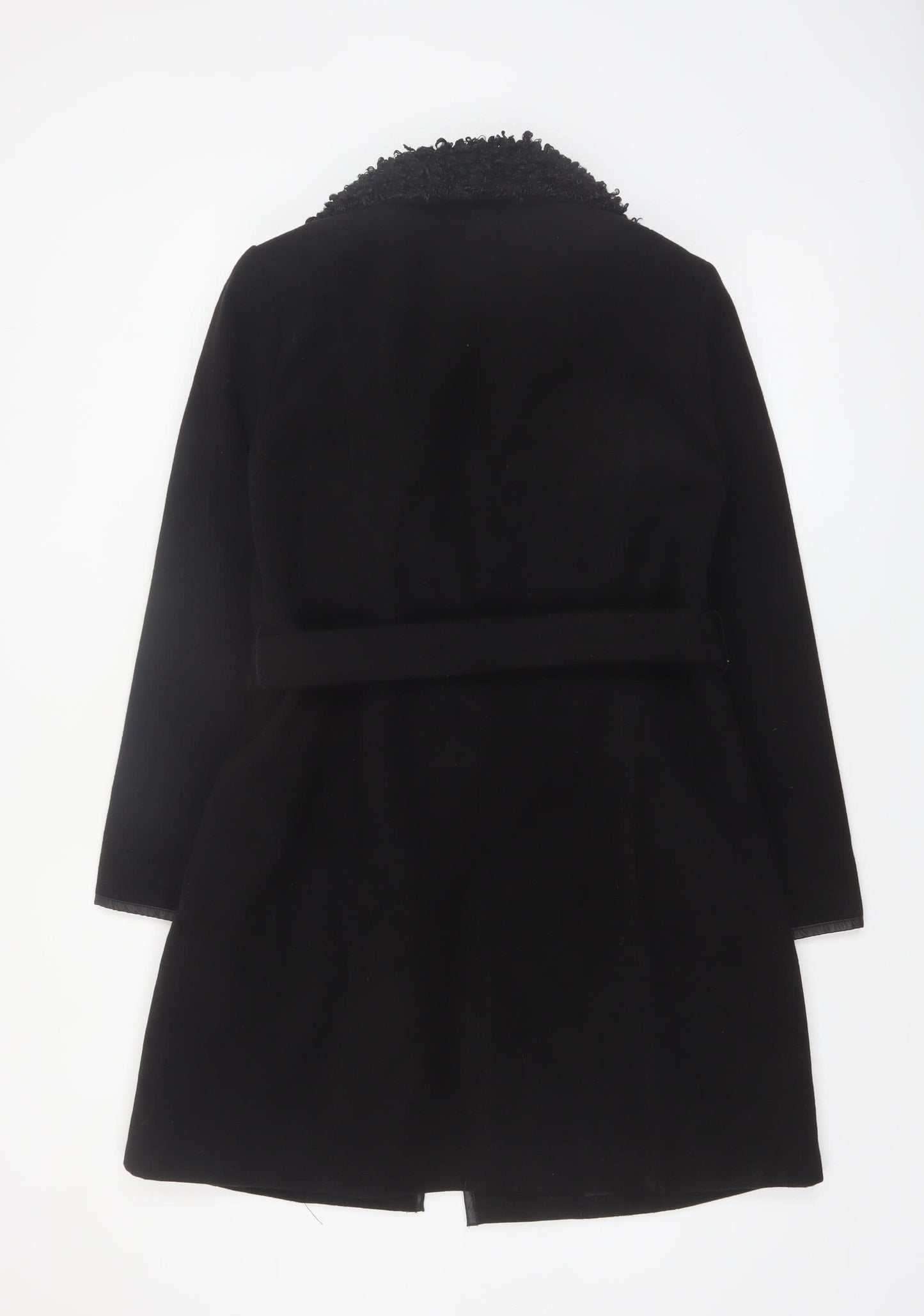 Klass Womens Black Long Belted Faux Fur Collar Overcoat Size 12