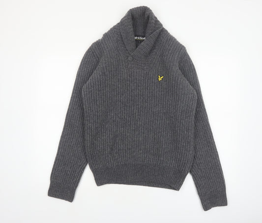 Lyle & Scott Men's Grey Wool Blend Shawl Collar Jumper Size S