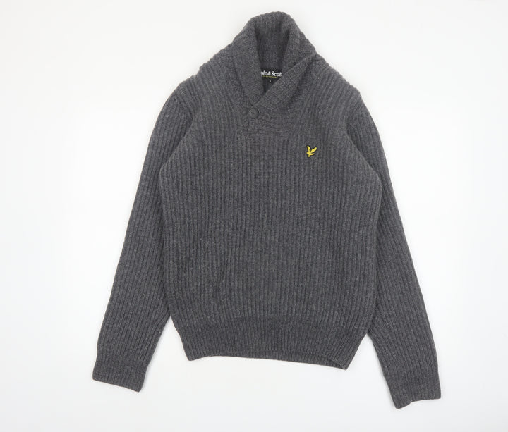 Lyle & Scott Men's Grey Wool Blend Shawl Collar Jumper Size S