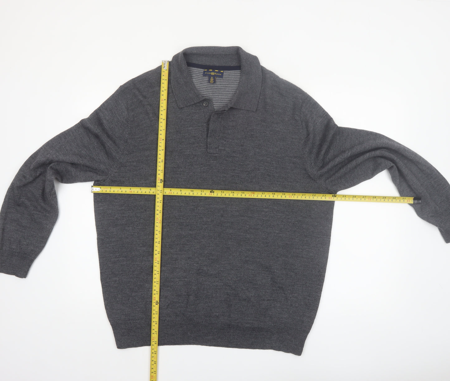 Club Room Men's Grey XL Collared Merino Wool Henley Jumper