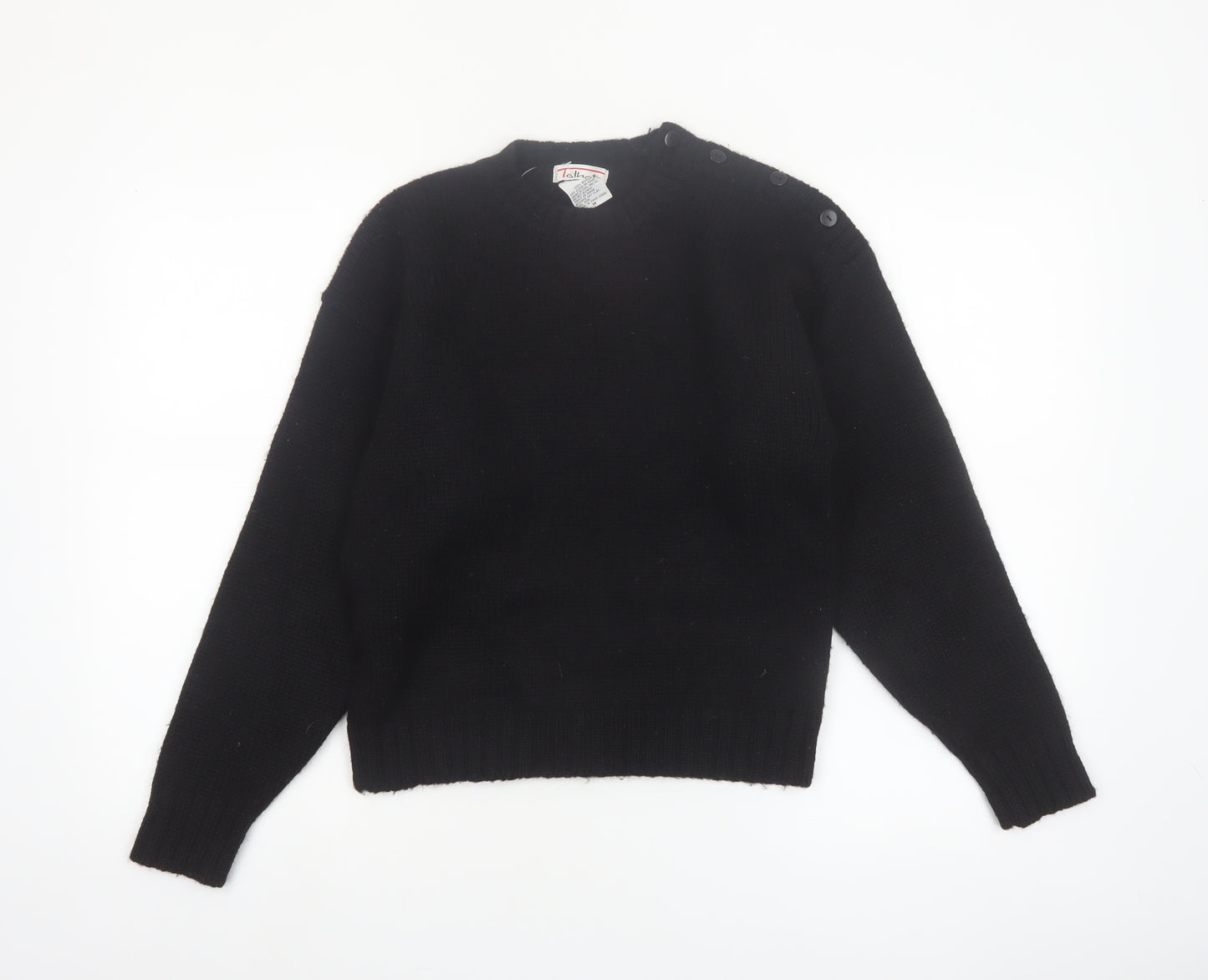 Talbots Women Black Wool Crew Neck Button Shoulder Jumper M